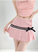 Striped Contrasting Color Bow Lace Splicing Pleated Skirt Women 2026 Summer American Style Low WaistA-line Short Skirt UBFK