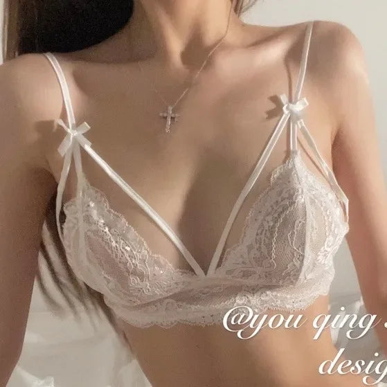 MOYISUFrench Ultra Fina Sexy Tushy Conjunto Encaje Sin Aro Sensual Transparente Bralette Pantaleta Ajuste Perfecto Talla S-XL
