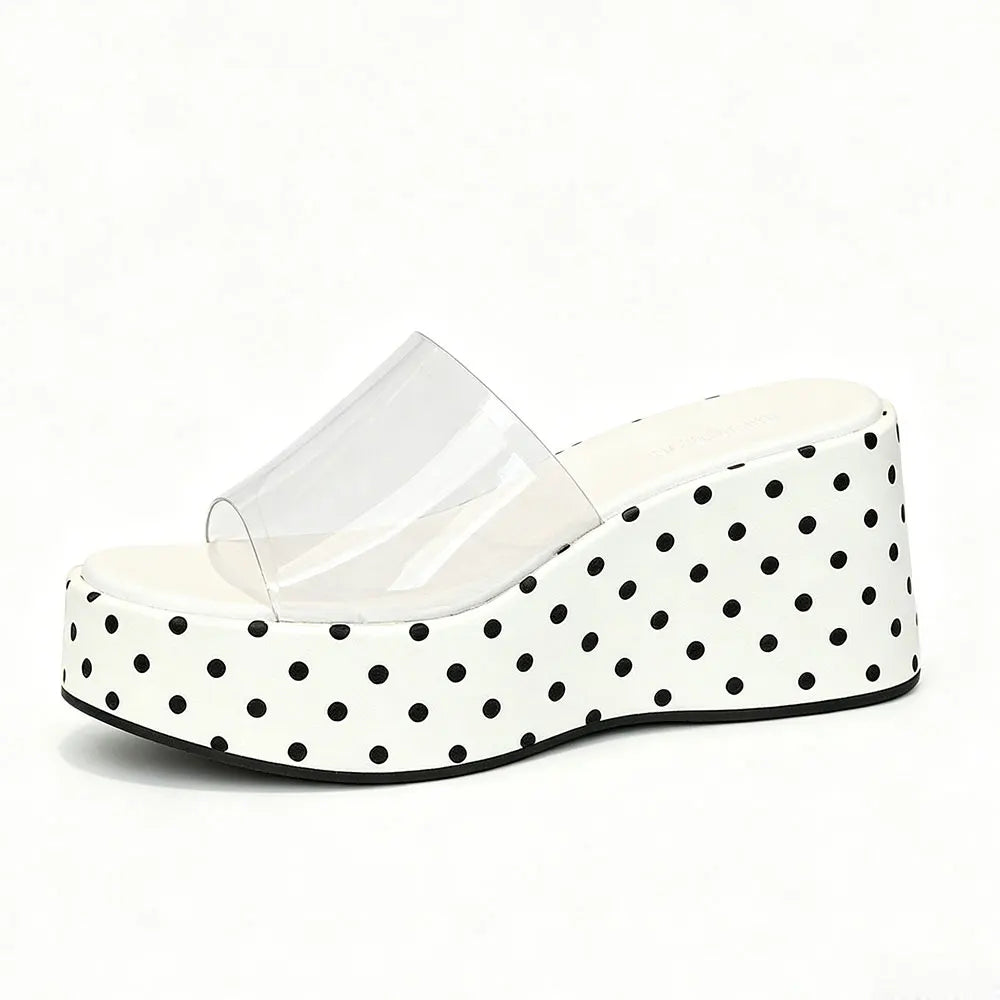 Transparent PVC Wedge Slide Mules Shoes Women Vintage Slip On Platform 7.5CM High Heel Leopard Print Polka Dot Summer Sandals