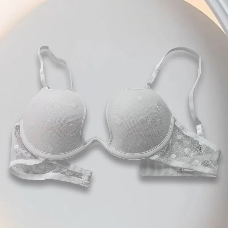 U-Shaped Polka Dot Mesh Lingerie, Sexy Push-Up French Deep V Seductive Bra, Soft Underwire Push-Up Bra