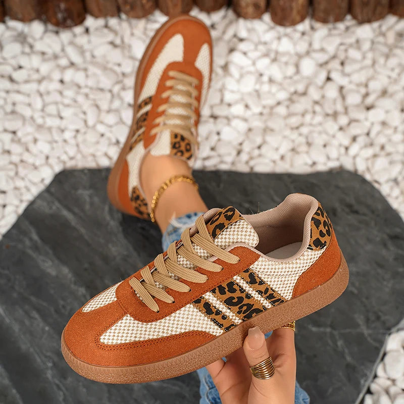 Leopard Stripe Lace Up Flats for Women Plus Size 42 Platform German Training Shoes Woman Non-Slip Thick Sole Sport Running Shoes