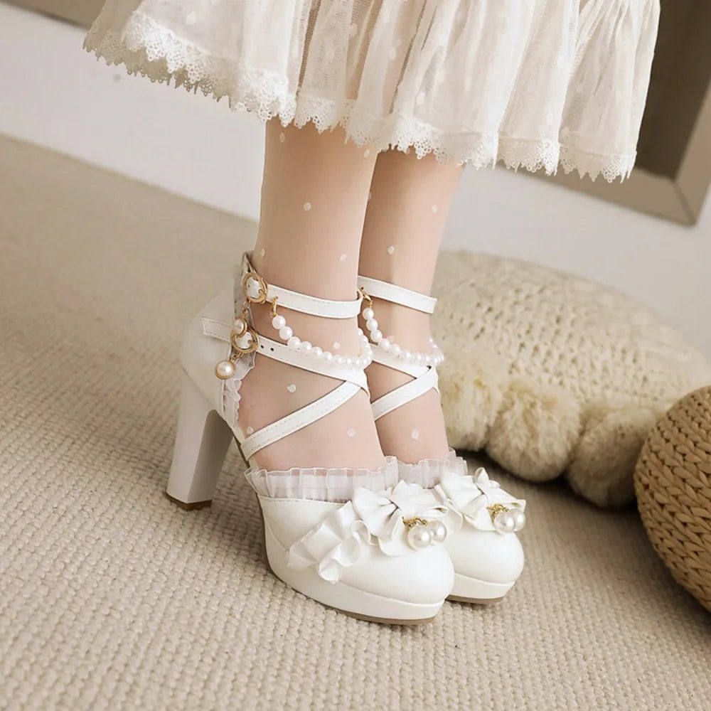 9cm Cross Strap Women High Heels Mary Jane Shoes Party Wedding Pearls White Lace Ruffles Bow Princess Lolita Pumps Sandals 33-46