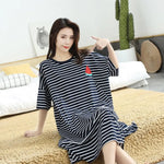 Women Summer Nightdress Short Sleeve Loose Breathable Comfortable Sleeping Polyester Stripes Print Night Robe Women Clothing