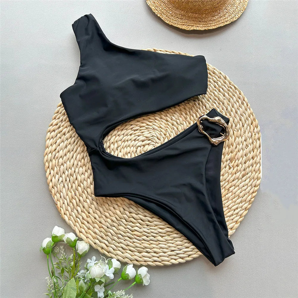 Dark Brown One Shoulder Solid Swimwears Sexy Swimsuit Women One Piece 2026 Hollow Out Monokini Metal Ring Bathing Suit Bodysuit