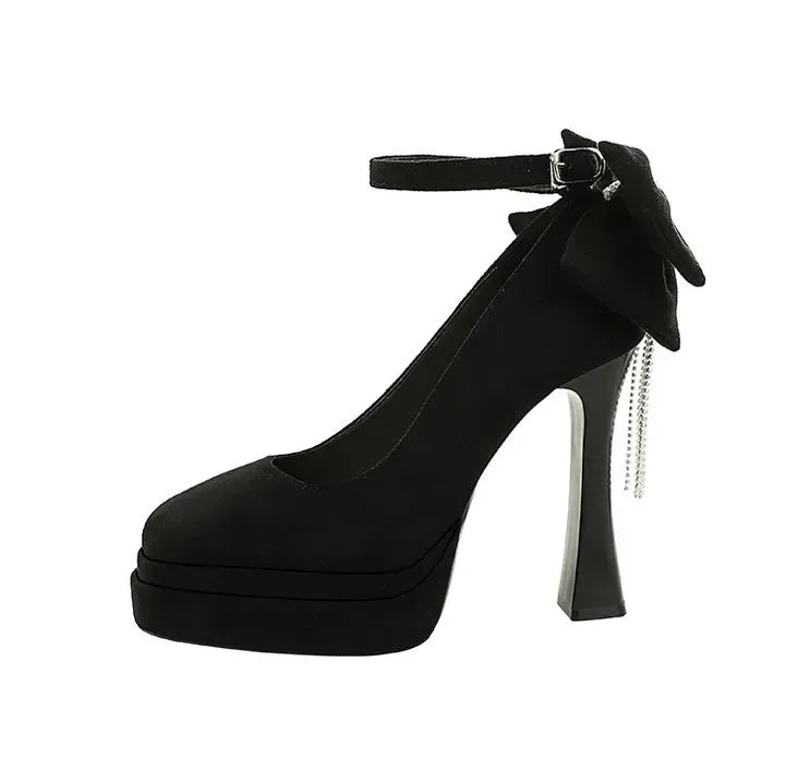 BIGTREE Women's Pointed Toe High Heels Back Bowknot Elegant Flock Ankle Strap Pumps for Women Black Dress Shoe Wedding Party