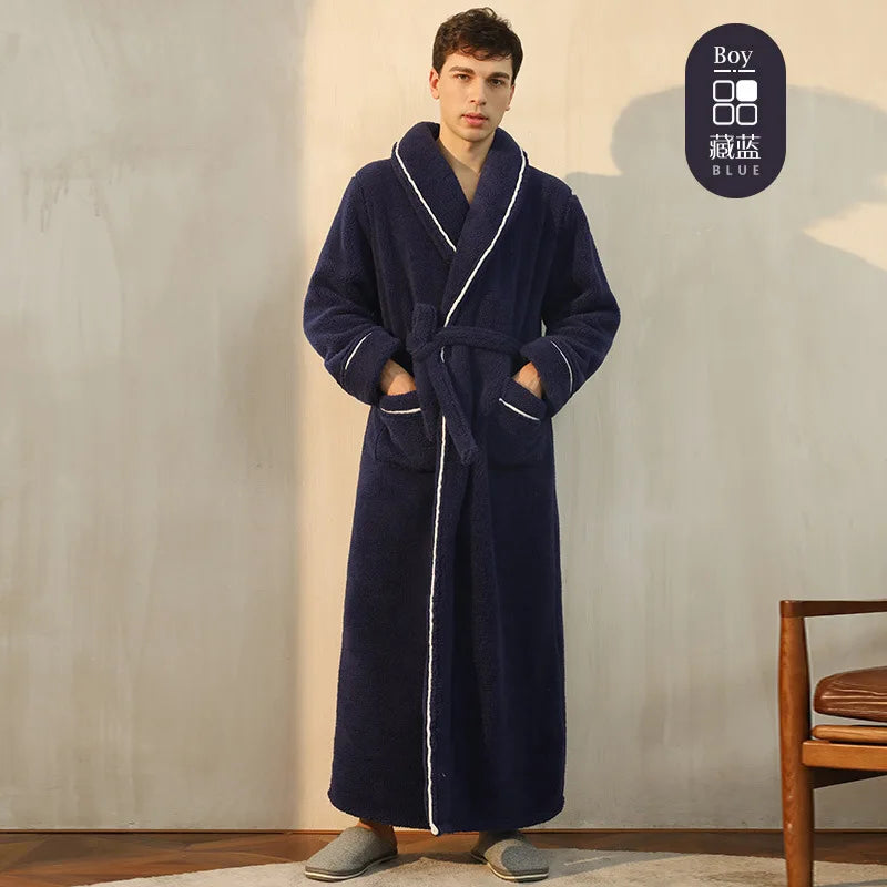 Men's and Women's Styles Winter Bathrobe Long Sleeve Warm Turn Down Collar Fluffy Bath Robe with Sashes Solid Fleece Gown 2025