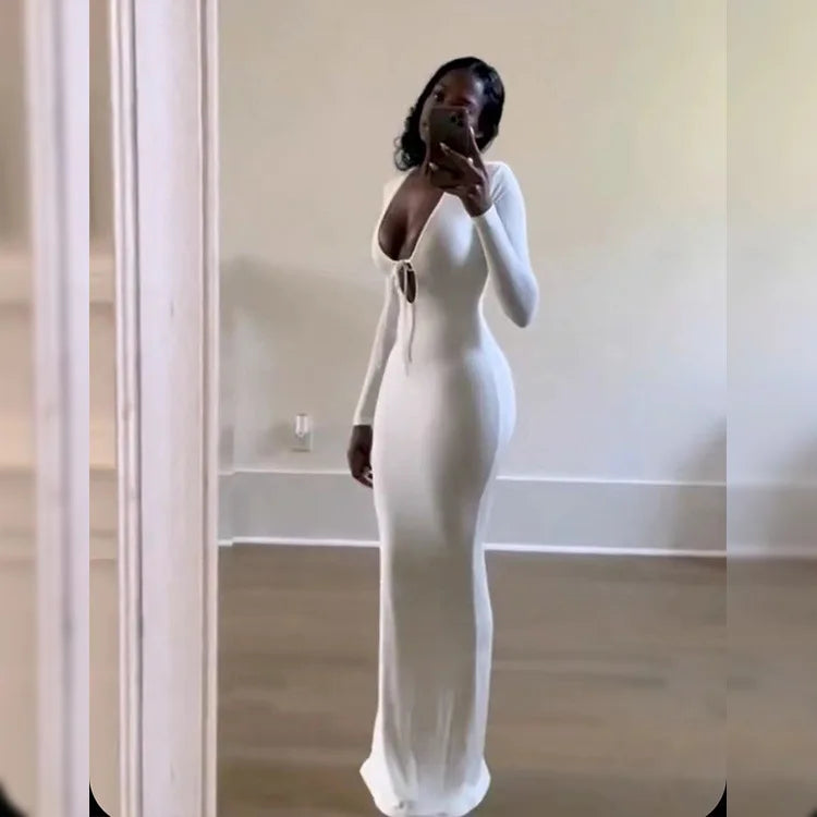 Trendy Solid Color Slim Long Dresses Women Sexy Deep V-neck Hollow Out Leace-up Package Hip Bodycon Party Dress Female Vestidos