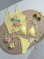 Vintage 3D Flower Thong Bikini Set 2026 Women Summer Fruit Print Cover Up 3 Piece Swimwear Push Up Bra Bathing Suit Swimsuit
