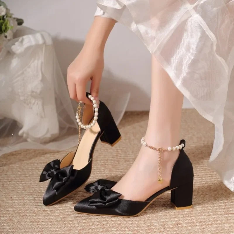 2026 New Pointed Toe Pearl French Heels Block Heel Bow Single Shoes Red Wedding Shoes