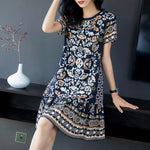 Summer Women Dress Half Sleeves Round Neck Retro Print A-line Big Hem Knee Length Loose Casual Daily Wear Vacation Midi Dress