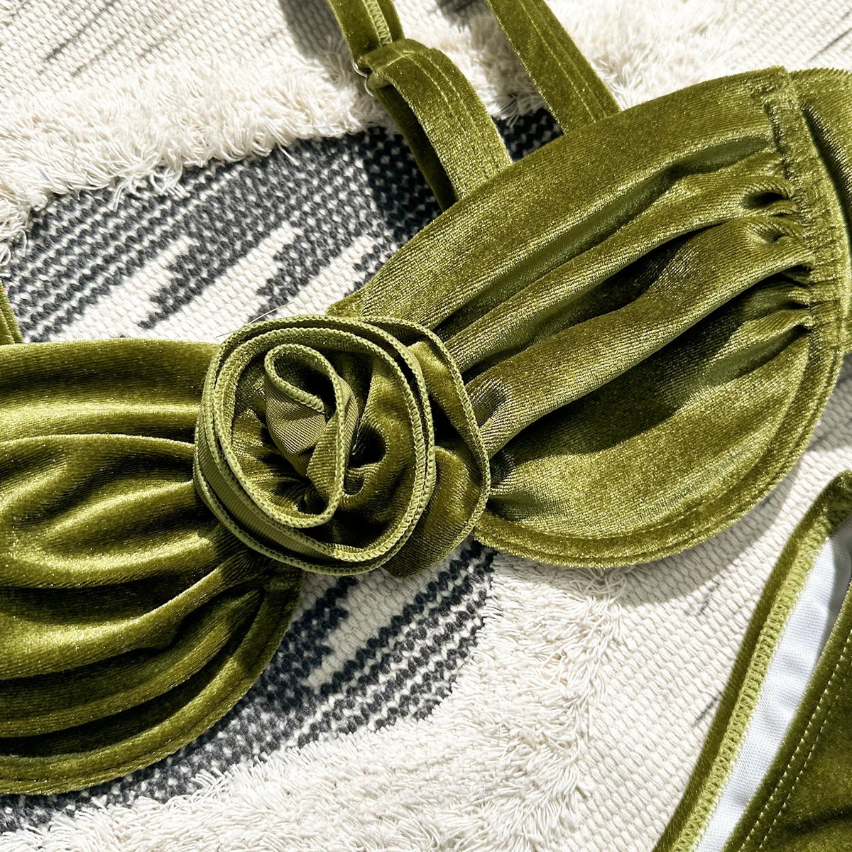 Sexy Velvet Bikini Sets Women Green 3D Flower Push Up Underwire Micro Swimsuit 2025 Summer Bathing Suit Thong Swimwear Biquini
