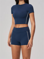 Color Contrast Yoga Suit Women Short Sleeve O Neck Sports T Shirts Tracksuit Outwear High Waist Shorts Gym Running Fitness Suits