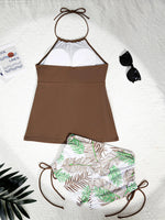 2026 Women's Bikini 2-piece Swimwear Tankini Set Sexy Halter Black Bathing SuitFloral Print Drawstring High Waist Swimsuit