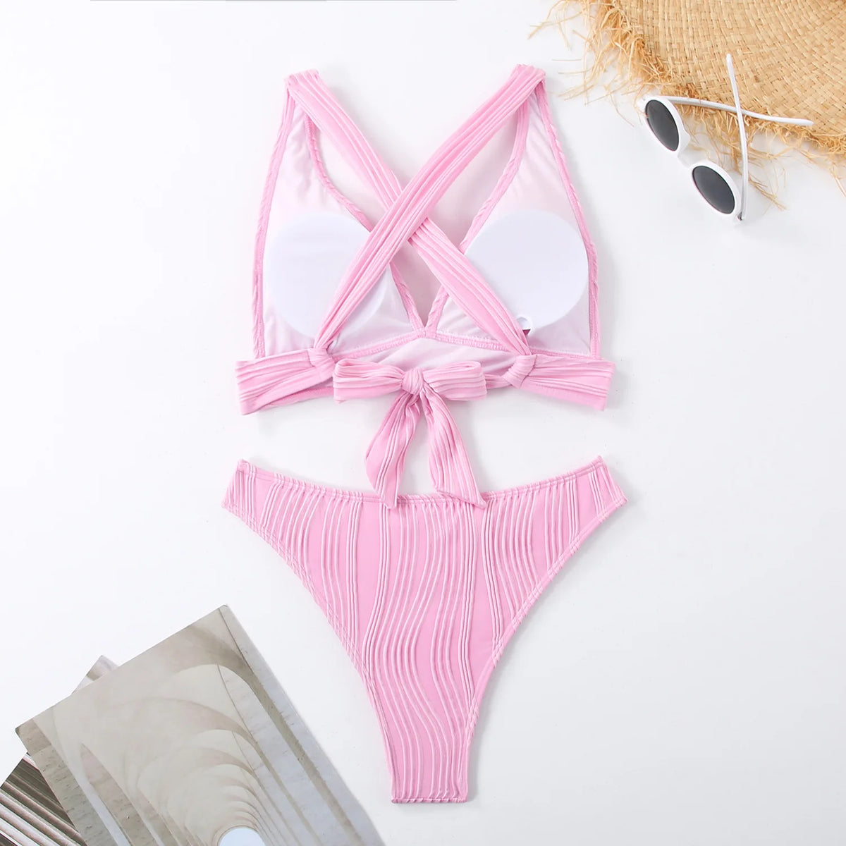 Wrinkled Crinkled Cross Back Bikini Women Swimwear Female Swimsuit Two-pieces Bikini Set High Cut Bathing Suit Swim Beach Wear