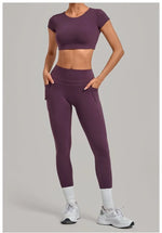 Women's Seamless Yoga Sets Sports Running High Waist Hip-lifting Pants Backless Short-sleeve Suits Workout Fitness Leggings Sets