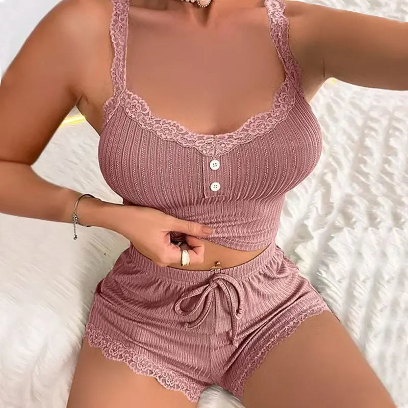 New Solid Sporty Underwear Set Casual Home Apparel Sexy Women Lace Edge Shoulder Strap Design Bra And Shorts Set Female Lingerie