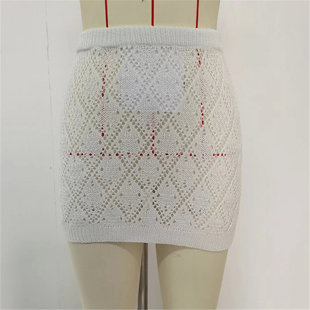 Sexy Hollow Out Crochet Knitted Tunic Beach Cover Up Cover-ups Beach Dress Beach Wear Beachwear Mini Skirt Female Women K6587