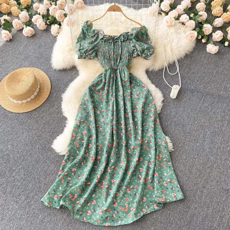2025 Summer French Vintage Floral Dress Fashion Elegant High-Waisted Drawstring Vestidos Printed Fresh And Sweet Long Dresses