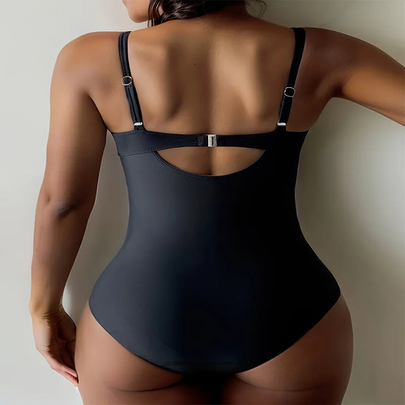 Solid Color Black One Piece Swimsuit for Women Sexy High Waist Bandage Hollow Out Monokini Bikini Underwire Push Up Swimwear