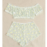 Mesh Floral Printed Off Shoulder 2Pcs Lingerie Set for Women Sexy Underwear Transparent Tops+Shorts Panties Exotic Sets