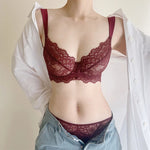 French Lace Bra Set Women Sexy Deep V Push Up Big Bust Minimizer Anti Sagging Support Wireless Comfort Summer Ultra Thin Cotton