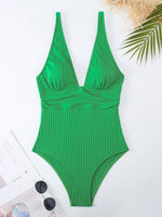 2026 V Neck Swimsuit One Piece Solid Vintage Swimwear Women One-piece Bathing Suit Female Padded Beach Wear Swimming Beachwear