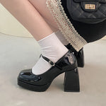 Patent Leather High Heel Mary Jane Shoes Women Elelgant Buckle Strap Platform Pumps Woman Chunky Heels Punk Lolita Shoes Female