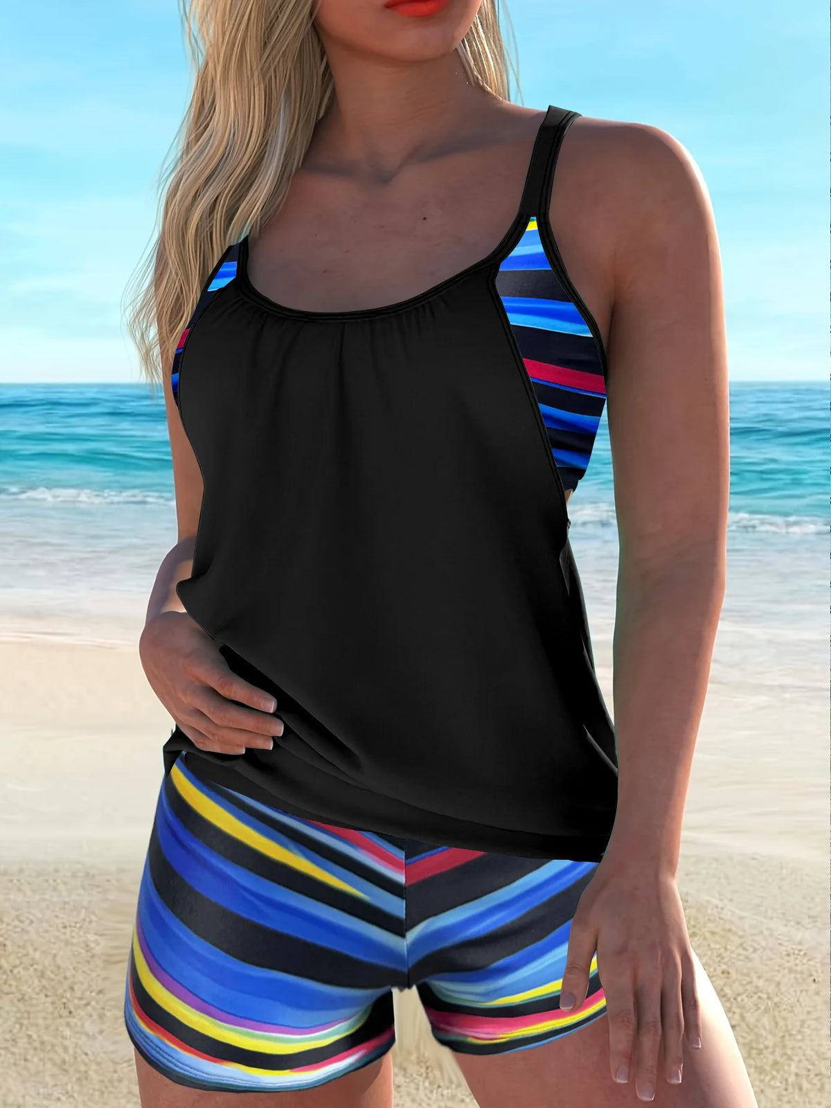 Women's Conservative 2 Piece Swimsuit Black Stripe Print Patchwork Tankini Bikini Set Suspender Cross Backless Bathing Suit 2025