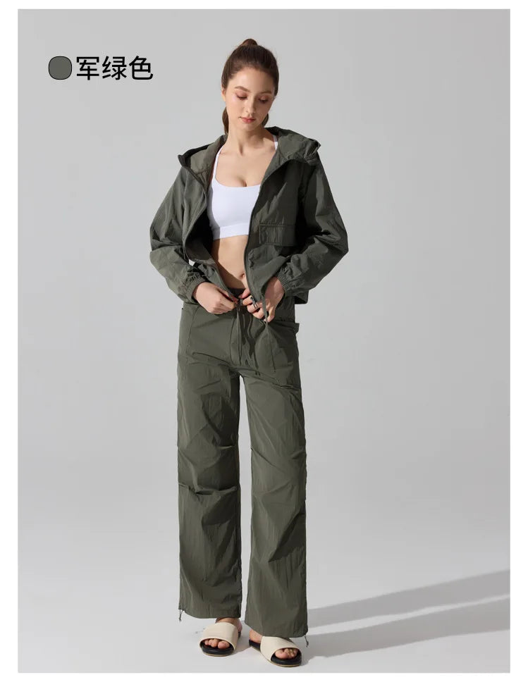 Outdoor Windproof Mountaineering Jacket Women Fashion Lightweight Sun Protection Sports Hooded Top Casual Loose Hiking Yoga Suit