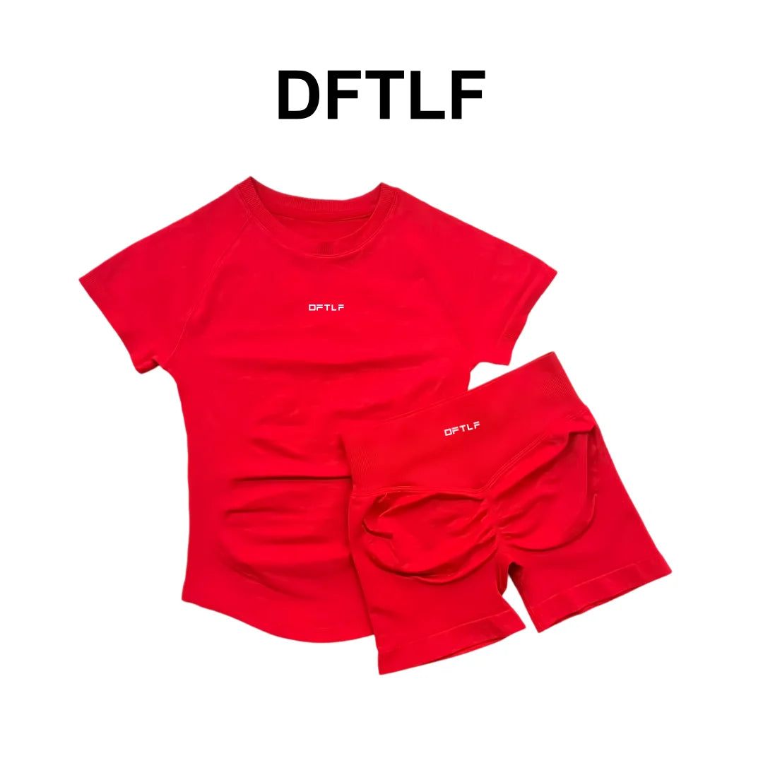 DFTLFWomen 2PCS Seamless Yoga Suit Short Sleeve Top High Waist Shorts Quick Dry Breathable Gym Fitness Running Workout Sport