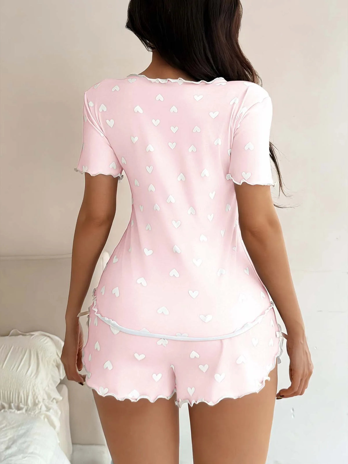 Women's Sleepwear Pajama Set Top and Shorts 2-piece Pajama Set Love Printed Lapel Bow Women's Loungewear