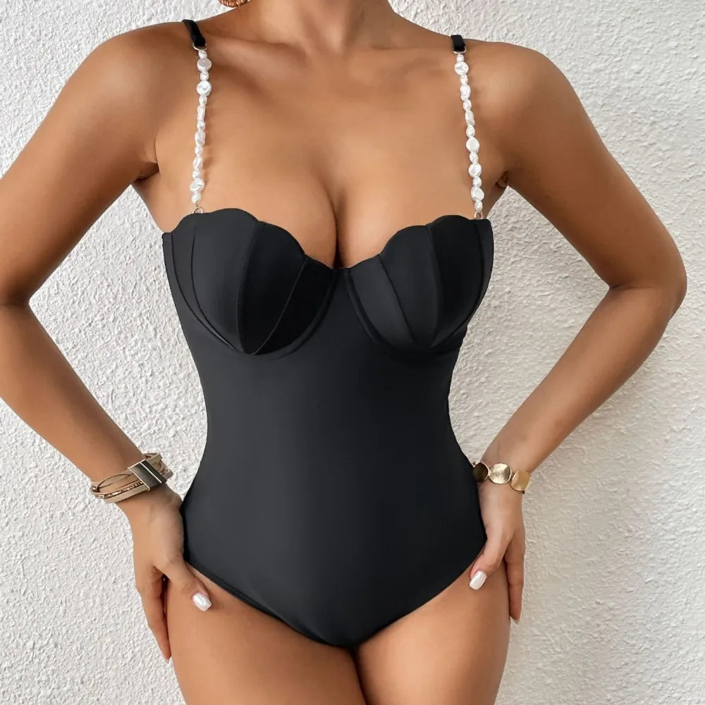 Push Up One Piece Swimsuit Female 2026 Swimwear Women Scallop Bathing Suits Summer Beach Wear Pearl Monokini Swimming Suit Black