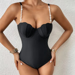 Push Up One Piece Swimsuit Female 2026 Swimwear Women Scallop Bathing Suits Summer Beach Wear Pearl Monokini Swimming Suit Black
