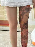 Peony Flower Leg Tattoo Stockings Summer Thin Pantyhose Long Socks With Patterns On One Side And Solid Color On The Other NTNG
