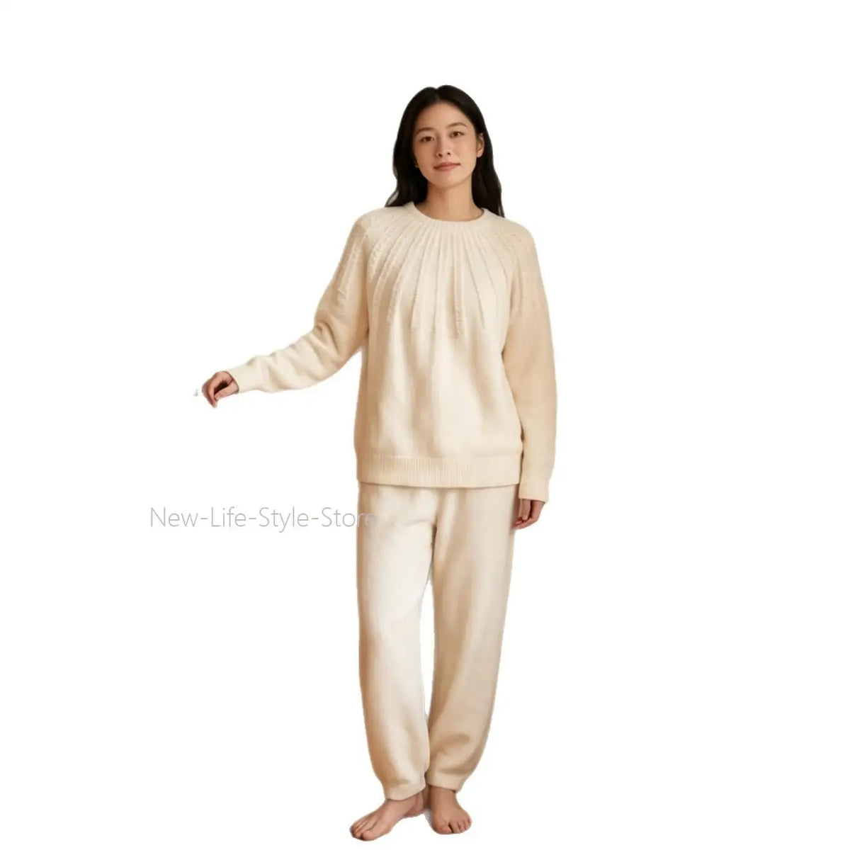 Autumn Winter Embossed Raglan Sleeve Pullover Cuffed Pants Ladies Homewear Sleepwear Women Solid Color Soft Pajama Set