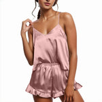 Women's Sexy Silk Satin Ruffled Pajamas Sets Shorts Sets Sleepwear Elegant Nightwear Solid Camis High Waist Vintage Summer