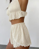 Lace Trim Ruffle Hem U-Neck Strap Cable Textured Cami & Casual Shorts Loungewear Summer Pajamas Set Women Sleepwear