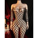 Cutout Perspective Long Sleeve Big Mesh Bodysuit, Women Black Sexy Underwear Bold Sexy Clothing Crotchless Unobstructed Jumpsuit