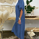 Autumn Spring Women Dress V Neck Loose Short Sleeves with Cufflink Split Hem Dress Buttons Pullover A-line Beach Maxi Dress