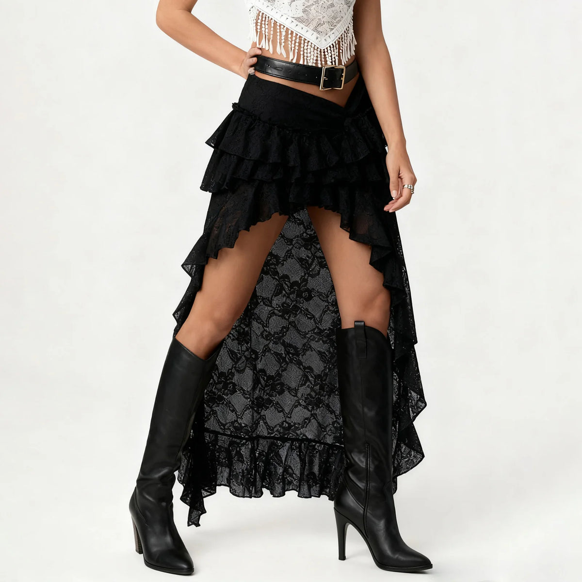 Summer Women Flower Lace Long Skirt Elastic High Waist Layered Ruffle Irregular Skirt Streetwear