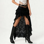 Summer Women Flower Lace Long Skirt Elastic High Waist Layered Ruffle Irregular Skirt Streetwear