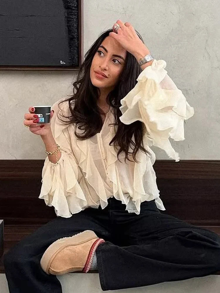 Foridol Ruffles Tiered V Neck Blouse Women Summer Spring Long Sleeve Casual Blusa Chiffon Blouses Buttons New in Female Top 2025