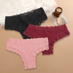 3Pcs Women Cotton Brazilian Pants Sexy Lace Brazilian Briefs Low Waist Floral Solid Color G-string Breathable Soft Lingerie