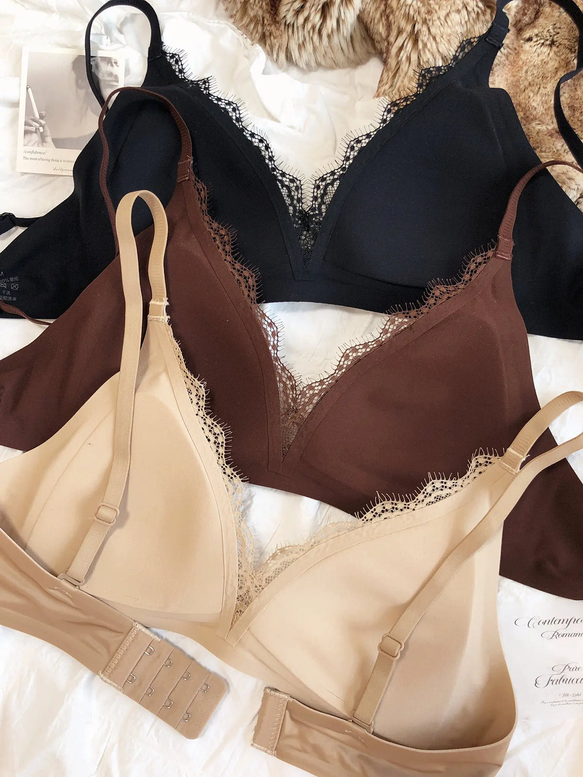 French Sexy Seamless Lingerie Women Silk Satin Lace Bra Deep V Triangular Cup Push Up Bras Adjustable Strap Comfort Underwear