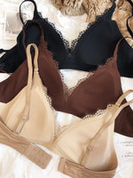 French Sexy Seamless Lingerie Women Silk Satin Lace Bra Deep V Triangular Cup Push Up Bras Adjustable Strap Comfort Underwear