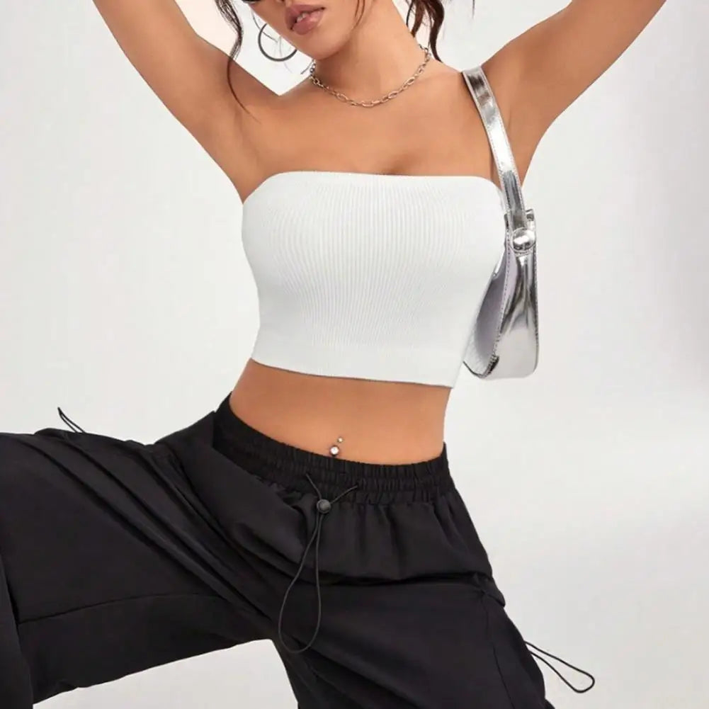 Quick-drying Cropped Top Women Ribbed Vest Anti-slip Bandeau Strapless Sleeveless Backless Tank Top Sweat Absorption