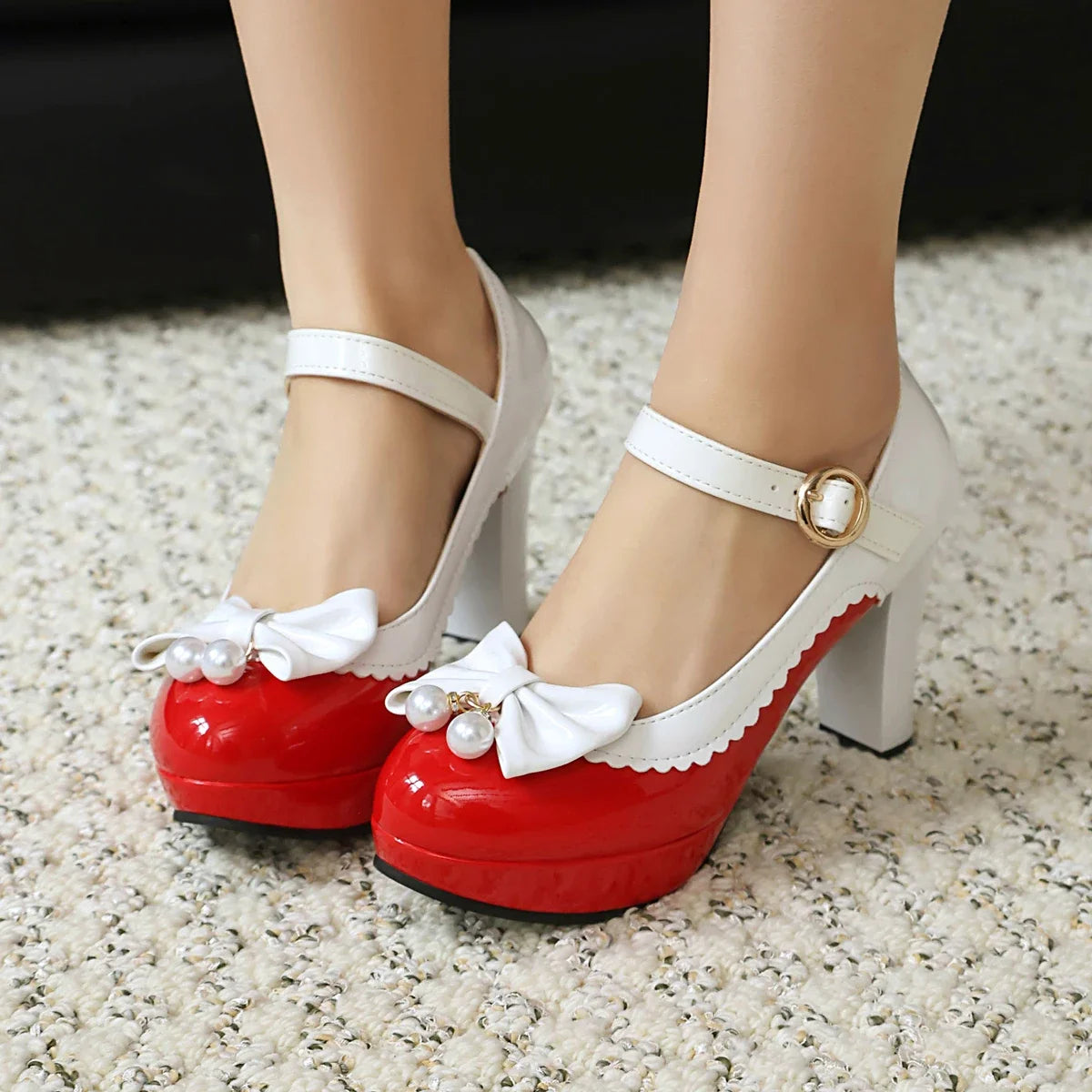 Women Lolita Style Patent Leather Bow Shoes 9.5cm High Heels Anti-slip Rubber Sole Platform Pumps Ideal for Parties Daily Wear