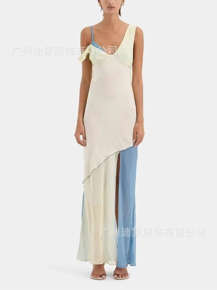 Summer New V-neck Sleeveless Long Dress Women Fashion Casual Comfortable Slim Sexy One Shoulder Lace Off Shoulder Maxi Dresses