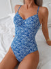 Sexy Blue Floral Print One Piece Swimsuit 2026 Women Halter V Neck Underwire Tummy Control Swimwear Beach Bathing Swimming Suits