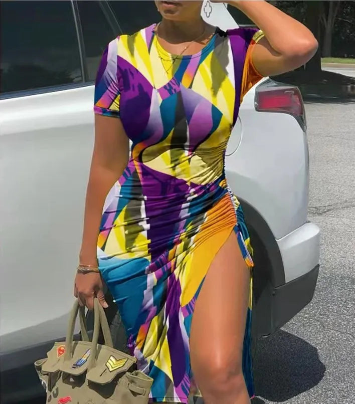 Trendy Printed Slim Midi Dresses Women Fashion Package Hip Bodycon Short Sleeves Drawstring Slit Dress Casual Ladies Streetwear